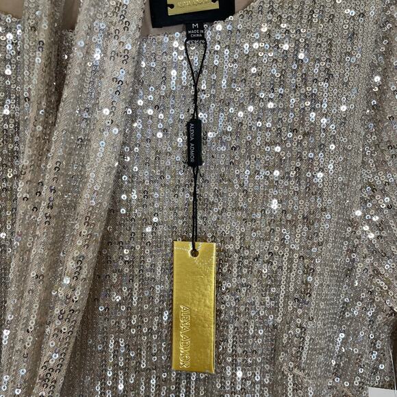 Alexia Admor Val Sequined Shift Dress Silver Mini Long Sleeve Belt Cocktail L - Picture 6 of 8